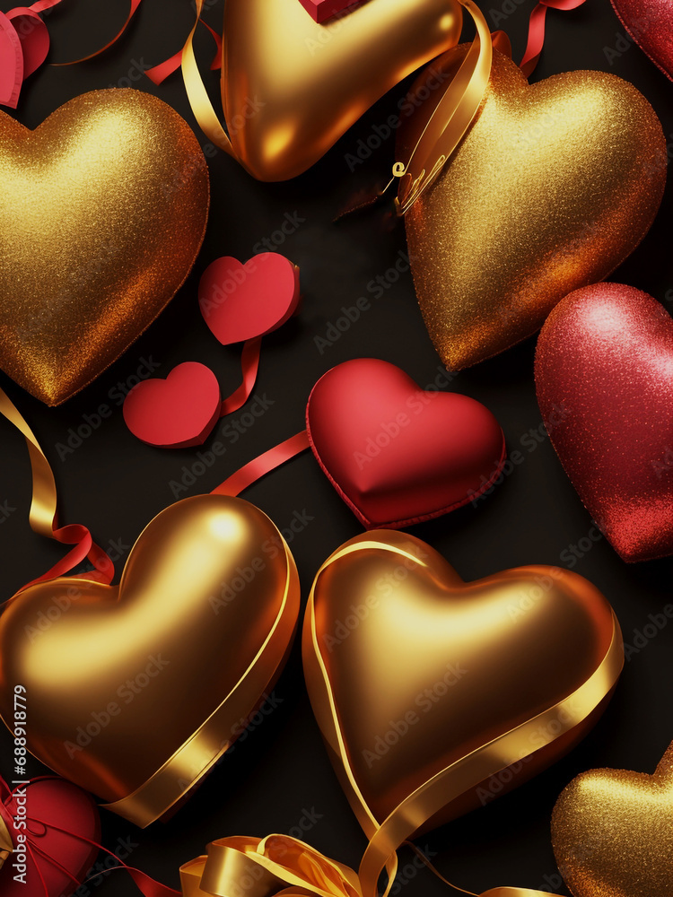 Fototapeta premium Golden hearts valentines day background, Generative Ai
