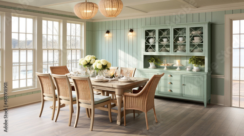 Dining room interior in a lakehouse cottage photo