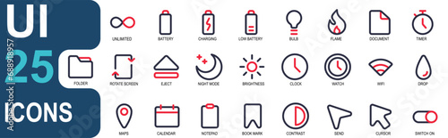 user interface icon set. contains battery, charging, bulb, clock, moon, folder, file, wifi, cursor, map. icon style line color. vector collection for web, app and others.