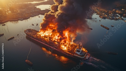 aerial shot of a port tanker fire..