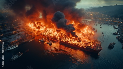 aerial shot of a port tanker fire..