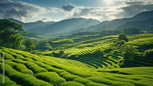 An elongated and verdant rice field from above.. © Sawitree88