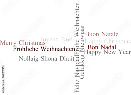 Digital png illustration of christmas greetings text in various languages on transparent background