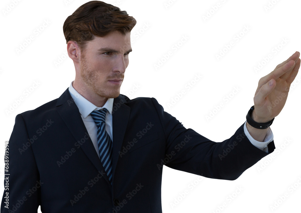 Digital png photo of focused caucasian businessman raising hand on transparent background Digital png photo of focused caucasian businessman raising hand on transparent background