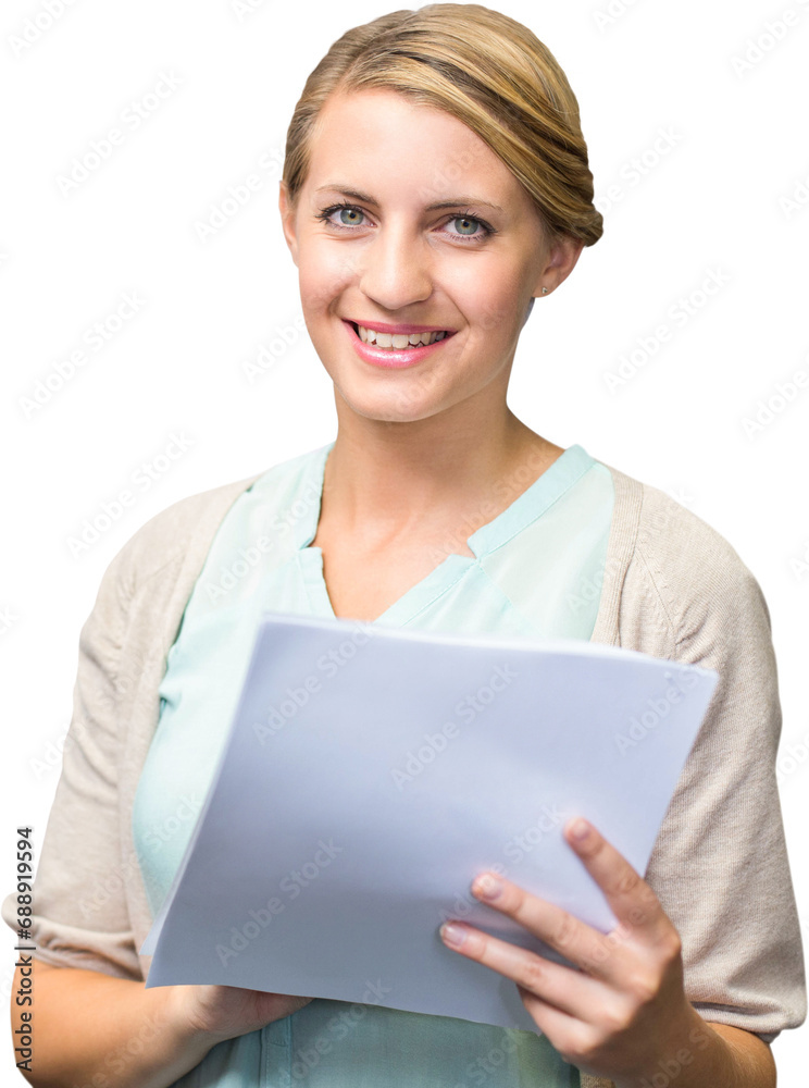 Digital png photo of happy caucasian woman holding documents and smiling on transparent background Digital png photo of happy caucasian woman holding documents and smiling on transparent background