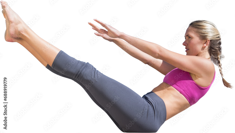 Digital png photo of focused caucasian sportswoman exercising on transparent background Digital png photo of focused caucasian sportswoman exercising on transparent background