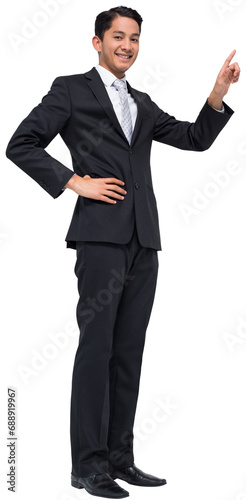 Digital png photo of happy biracial businessman pointing figner on transparent background