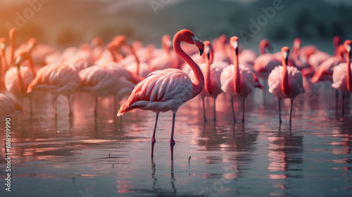 Flamingo birds standing in a lake, AI Generative.