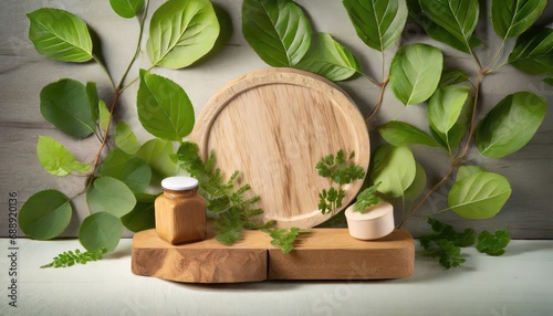 wood podium with green leaves for organic health products placement display mokcup.