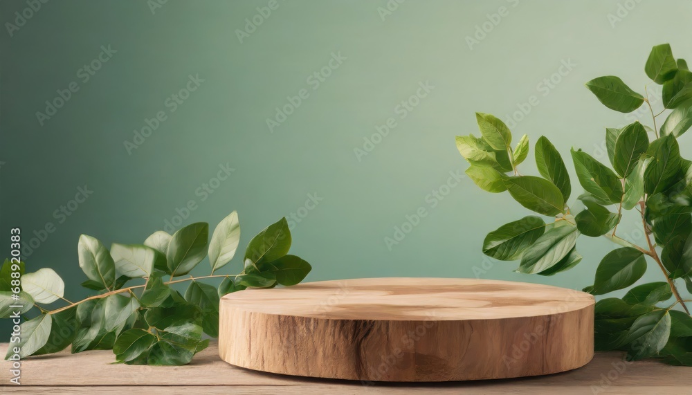 wood podium with green leaves for organic health products placement display mokcup.