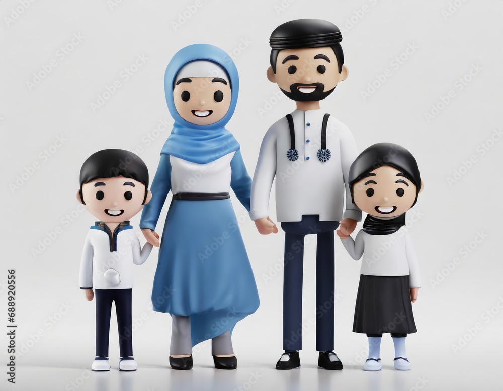 cute 3d character Muslim Family on White background cute 3d character Muslim Family on White background