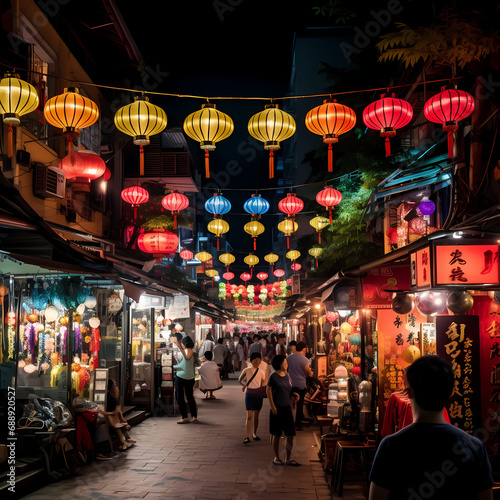 A bustling night market with colorful lanterns.