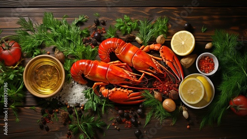 Close-up of meal preparation on a table for preparing seafood, such as sea crayfish or spiny lobster, using fresh ingredients. Top view in horizontal orientation. photo