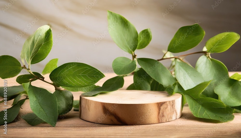 wood podium with green leaves for organic health products placement display mokcup.