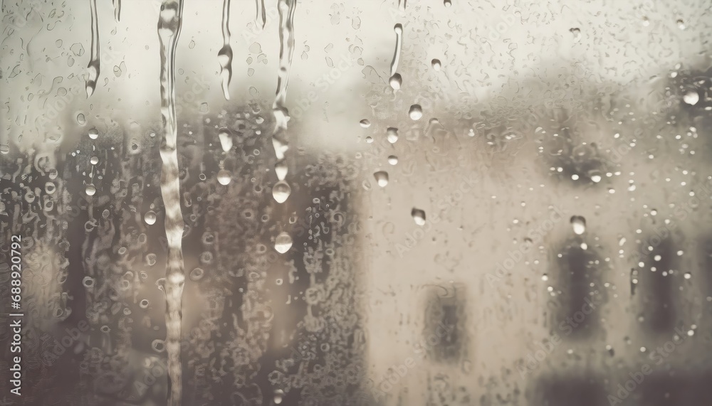 Closeup through window of rainy day with water dripping down glass