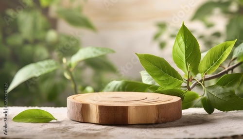 wood podium with green leaves for organic health products placement display mokcup.