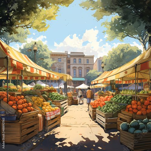 A bustling farmers' market with a variety of fresh produce