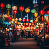 A bustling night market with colorful lanterns.