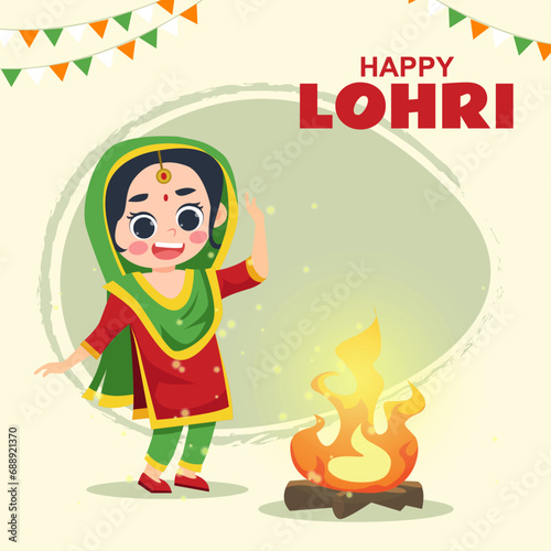 Happy lohri festival greeting background with cute girl design template