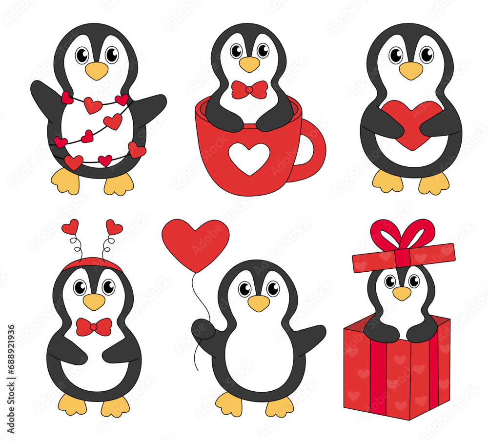 Naklejka premium Set of cartoon Valentine day Penguin characters. Cute Penguins in cup and in gift box, garland, Headband and with heart balloon. Vector flat illustration.