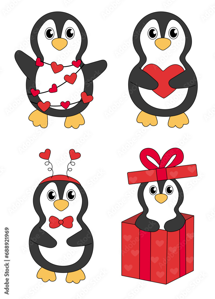 Fototapeta premium Set of cartoon Valentine day Penguin characters. Cute Penguins in gift box, garland, Headband and with heart. Vector flat illustration.