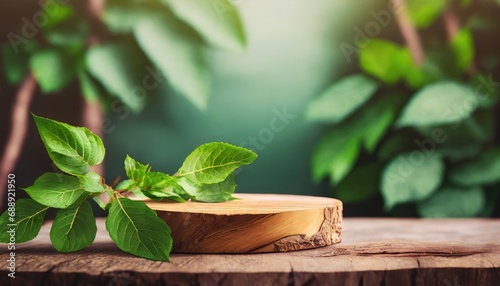 wood podium with green leaves for organic health products placement display mokcup.