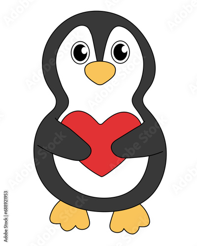 Cartoon Valentine day Penguin character. Cute Penguin hold heart. Vector flat illustration.