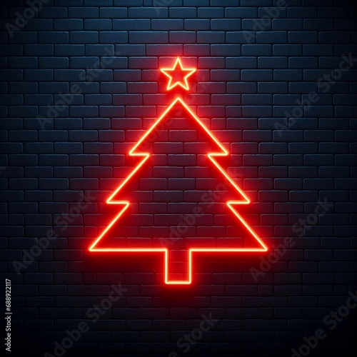 Árbol navideño hecho con neón rojo sobre una pared de ladrillos