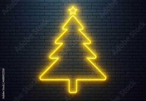 Árbol de navidad de neón amarillo sobre un muro de ladrillos