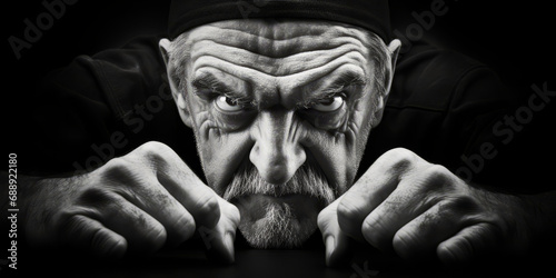 A man with angry eyes and clenched fists shows defiance and malice