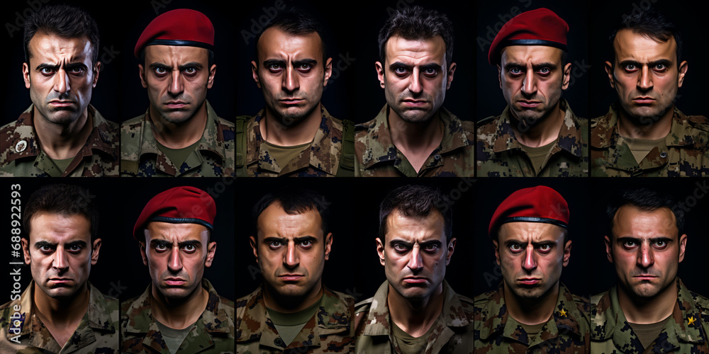 faces of male soldiers wearing uniforms with different expressions