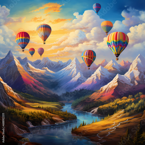 A cluster of hot air balloons drifting over a mountain range © Cao