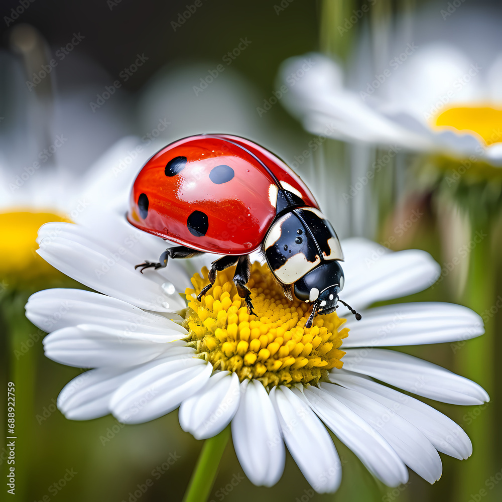 A close-up of a ladybug exploring a daisy.