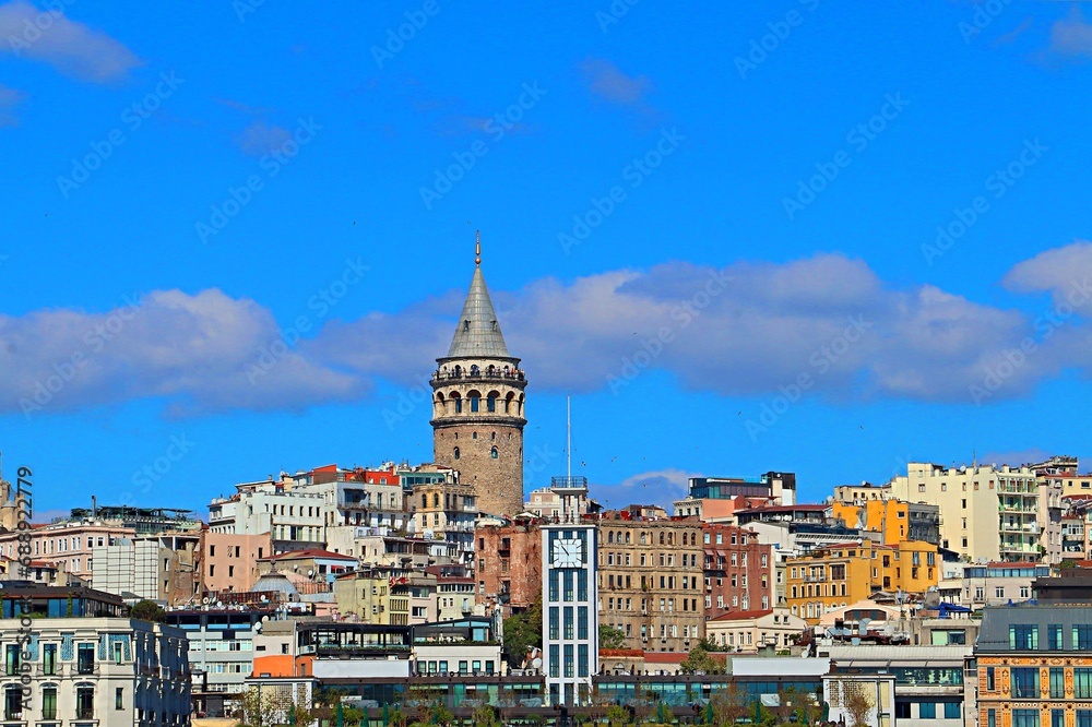 View of the Golat Tower in Istanbul from a passenger sea ferry sailing along the Bosphorus