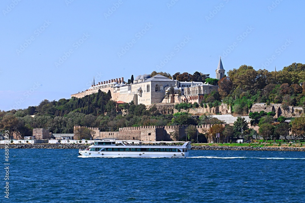  View of Topkapi Palace in Istanbul from a passenger sea ferry sailing along the Bosphorus