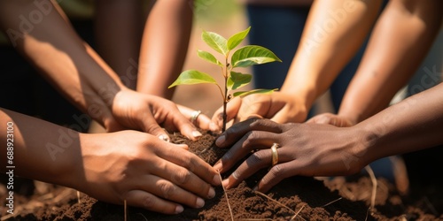 People planting trees in soil photo