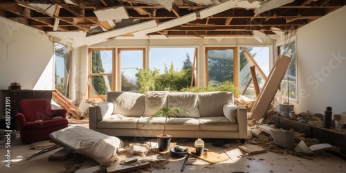 Living room with a collapsed ceiling and debris