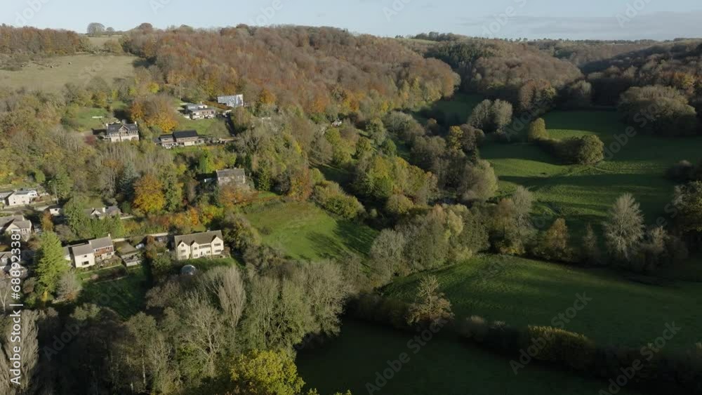UK Autumn Wooded Valley Village Aerial Cotswolds Sheepscombe Gloucestershire Trees Landscape Countryside UK Autumn Wooded Valley Village Aerial Cotswolds Sheepscombe Gloucestershire Trees Landscape Countryside