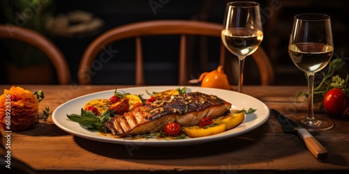 Wine and grilled fish on a rustic table