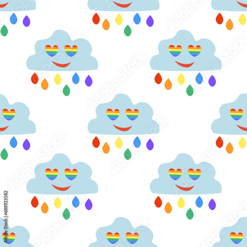 Seamless Pattern with LGBT smile cloud with drops and eyes hearts. LGBTQ. Symbol of the LGBT pride community. Rainbow. Vector flat illustration.