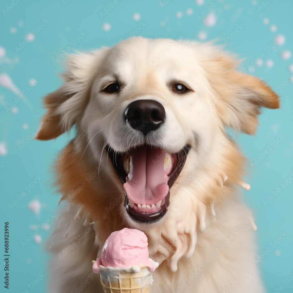 golden retriever dog with icecream on blue pastel background.