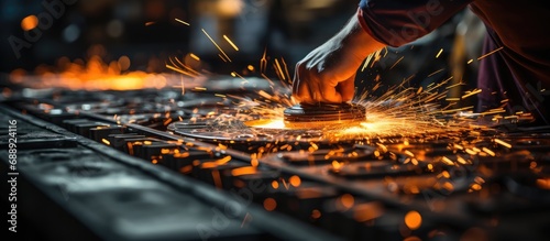 sparks from a grinding machine to finish metal photo