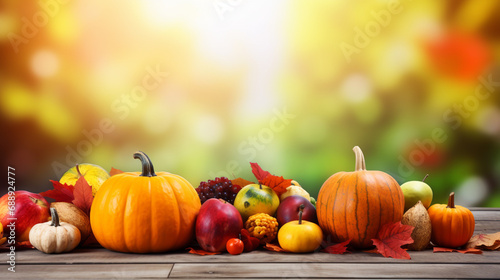 happy thanksgiving with colorful fruits and vegetables  walnuts and fallen leaves  autumn  autumn  on a light colored wooden table  background bokeh with space for your text
