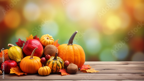 happy thanksgiving with colorful fruits and vegetables, walnuts and fallen leaves, autumn, autumn, on a light colored wooden table, background bokeh,with space for your text