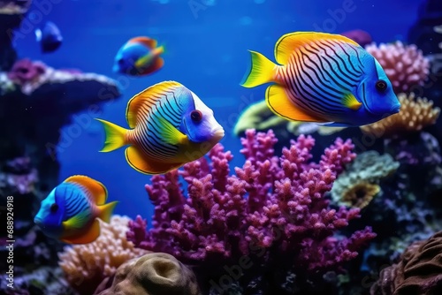 Biological fish and plants under the sea depths, colorful tropical fish and coral reef landscape, underwater world scene © Yan