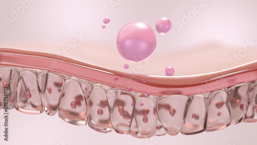 Billede på lærred Molecules of collagen serum and cream applied to skin and absorbed