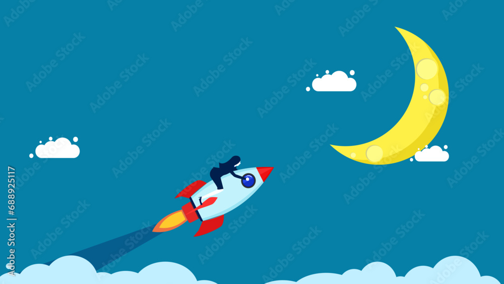 Leader above the clouds. Businesswoman controls a rocket to the moon vector