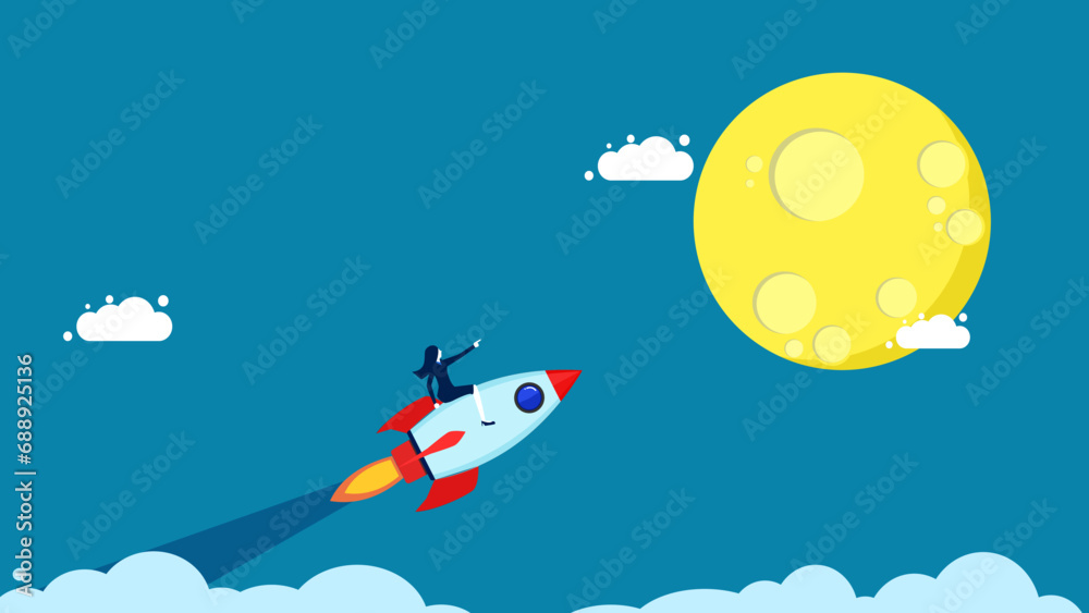Business success. Businesswoman flies on rocket soaring towards the moon vector