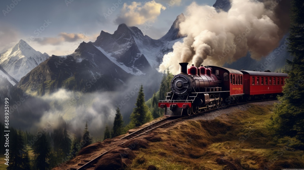 A steam locomotive with red trailers drives through the mountains - obrazy, fototapety, plakaty 