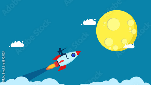 Guiding business success. woman flies on rocket soaring towards the moon vector